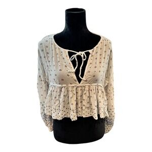 O'Neill Peasant Top‎ Boho Blouse Long Sleeve Floral Print Tie Front White